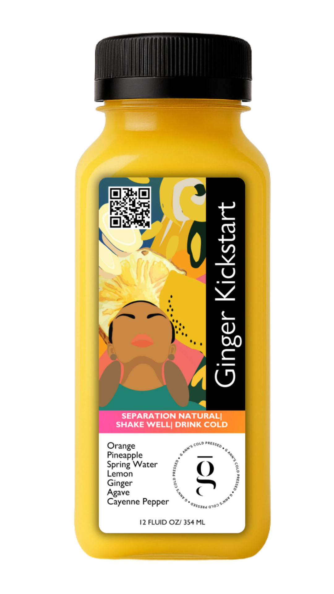 12oz cold-pressed Ginger Kickstart juice made with orange, pineapple, lemon, ginger, cayenne, spring water, and agave