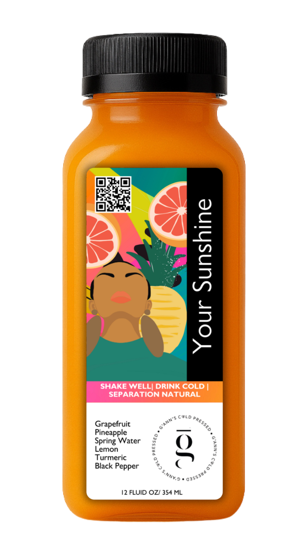 12oz cold-pressed Your Sunshine juice made with grapefruit, pineapple, turmeric, spring water, lemon, and black pepper