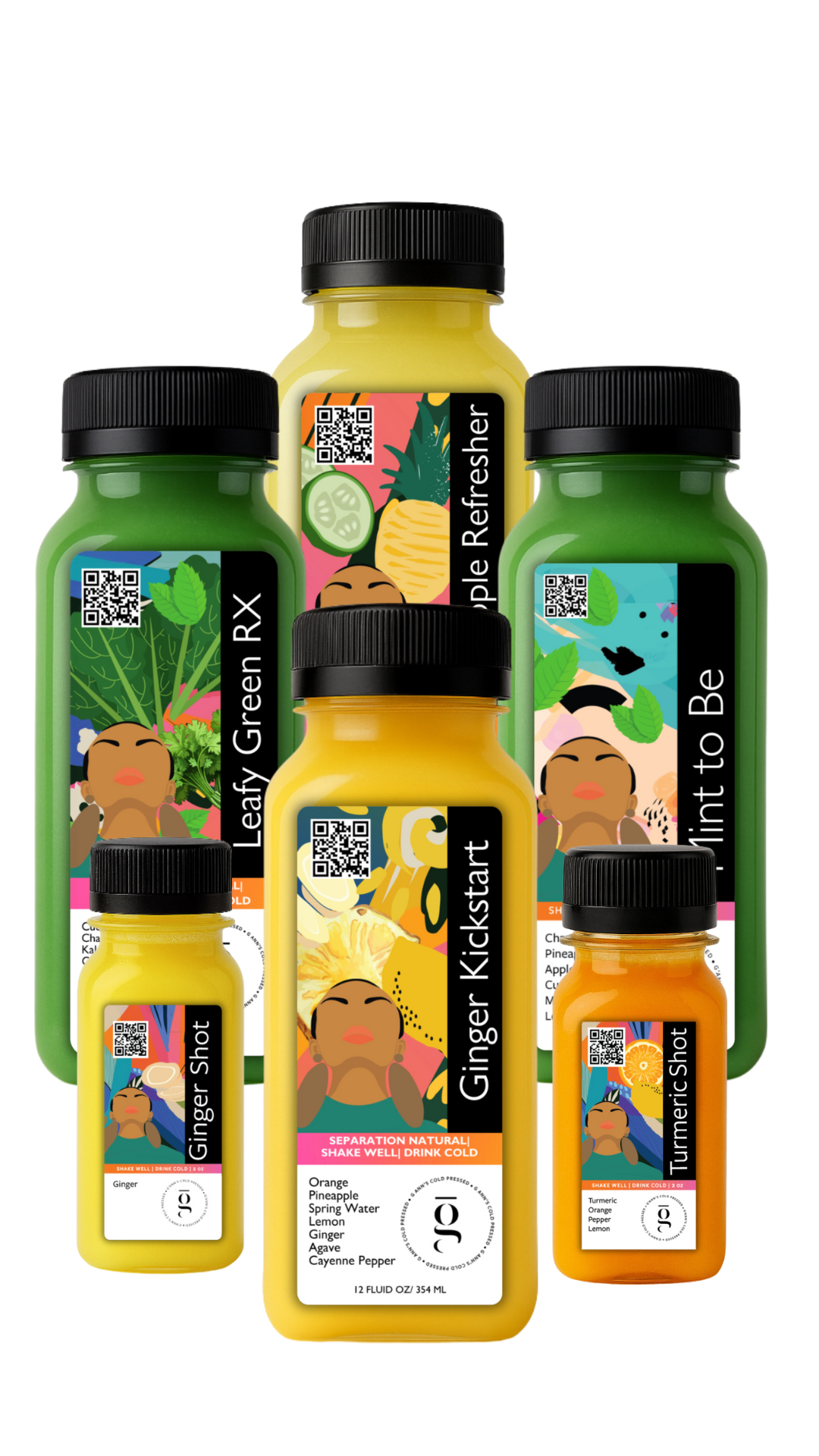 Bundle of 4 cold-pressed juices and 2 wellness shots for detox, digestion, and inflammation support from G Ann’s Cold Pressed