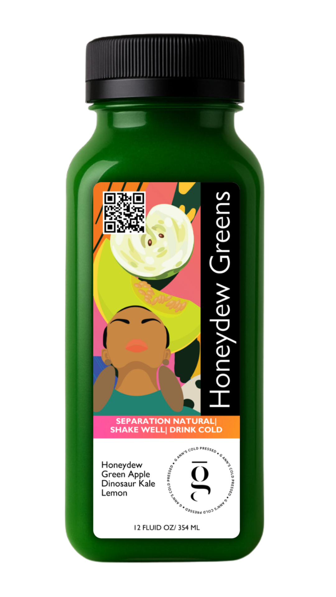 12oz cold-pressed Honeydew Greens juice made with honeydew, dinosaur kale, green apple, and lemon