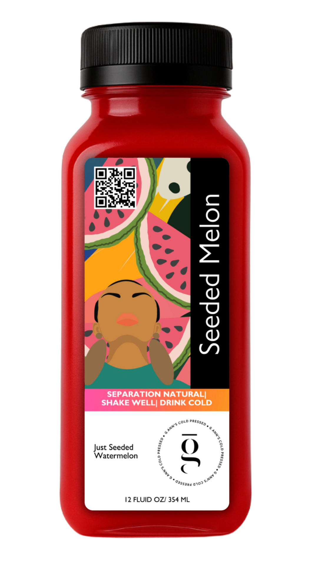 12oz cold-pressed Seeded Watermelon juice made with fresh seeded watermelon for hydration, circulation, and anti-inflammatory support