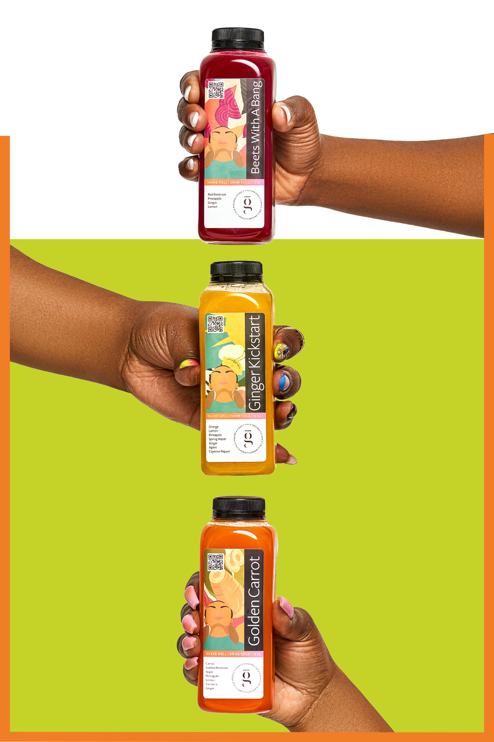 Three bottles of cold press juices being held in a vertical line by three people.