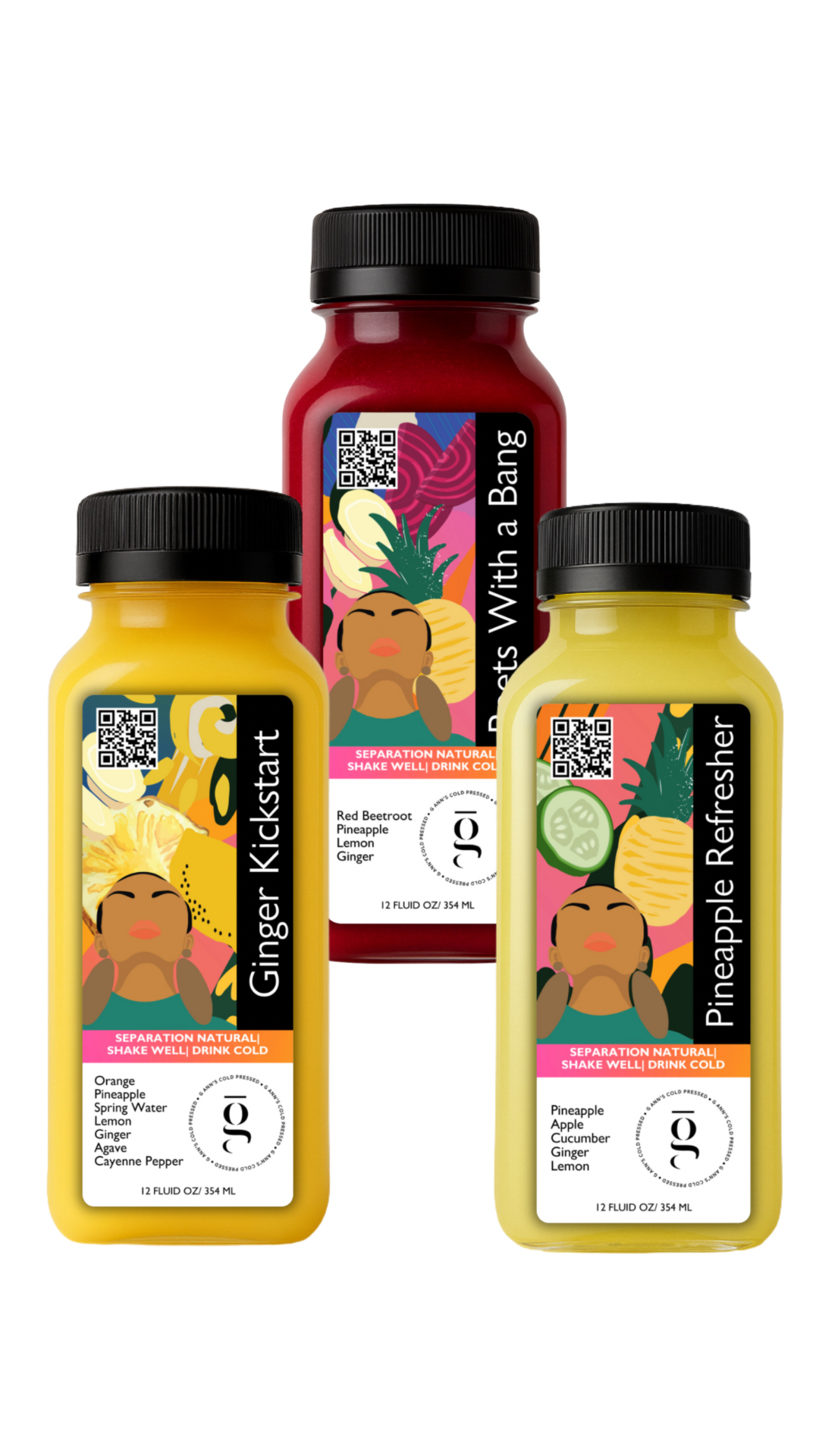 Core Three 3-Pack – Cold pressed juice trio from G Ann’s with pineapple, beet, and ginger juices