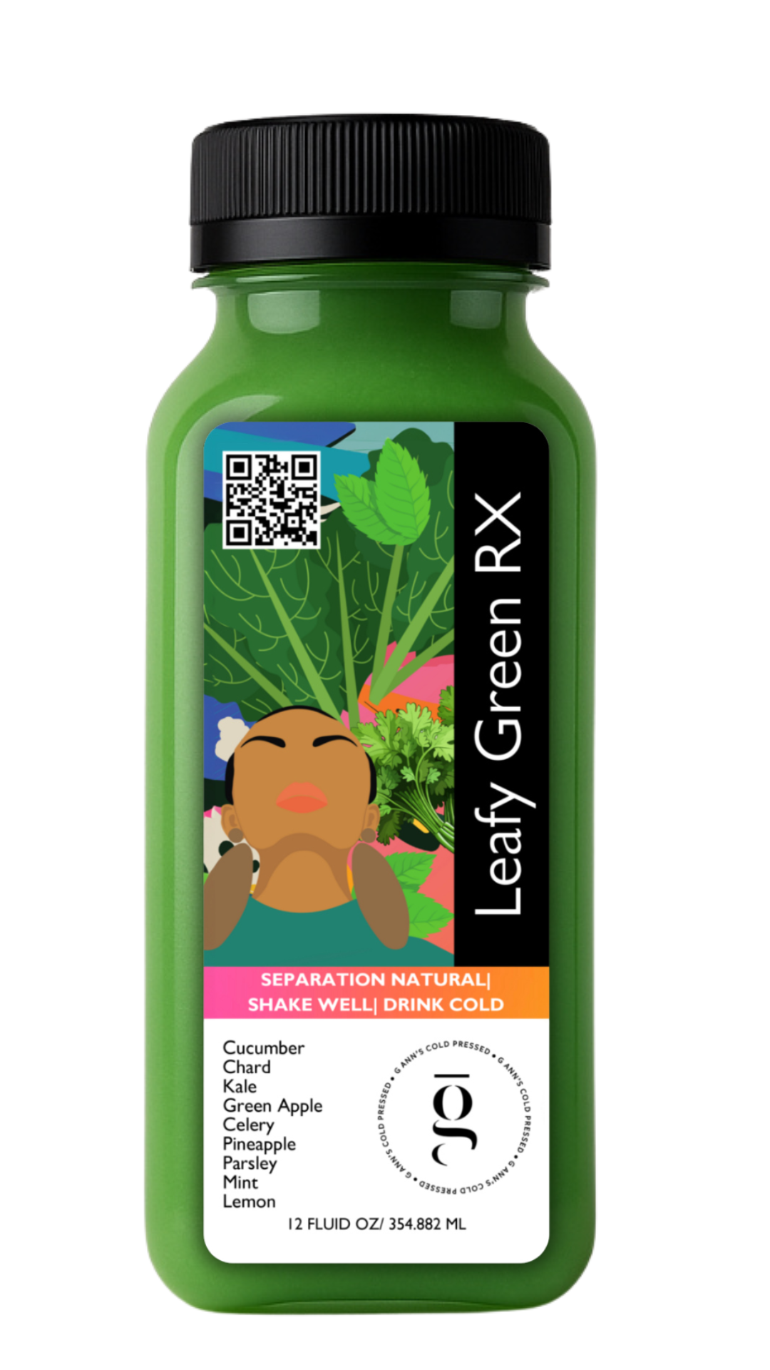 12oz cold-pressed Leafy Green RX juice made with chard, celery, cucumber, parsley, mint, apple, pineapple, and lemon