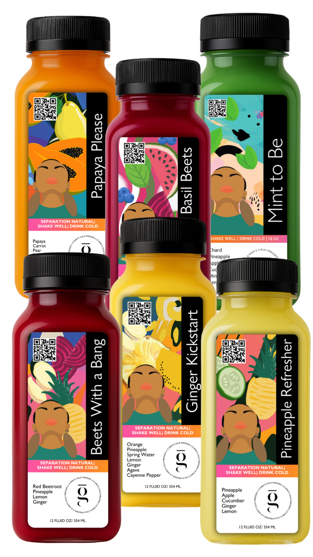 Vibrance 6-Pack – Colorful summer cold-pressed juice bundle from G Ann’s featuring bold, fruit-forward blends