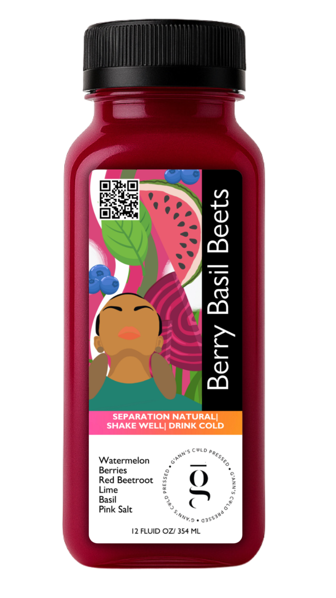 12oz cold-pressed Berry Basil Beets juice made with watermelon, strawberries, blueberries, red beetroot, basil, lime, and pink salt