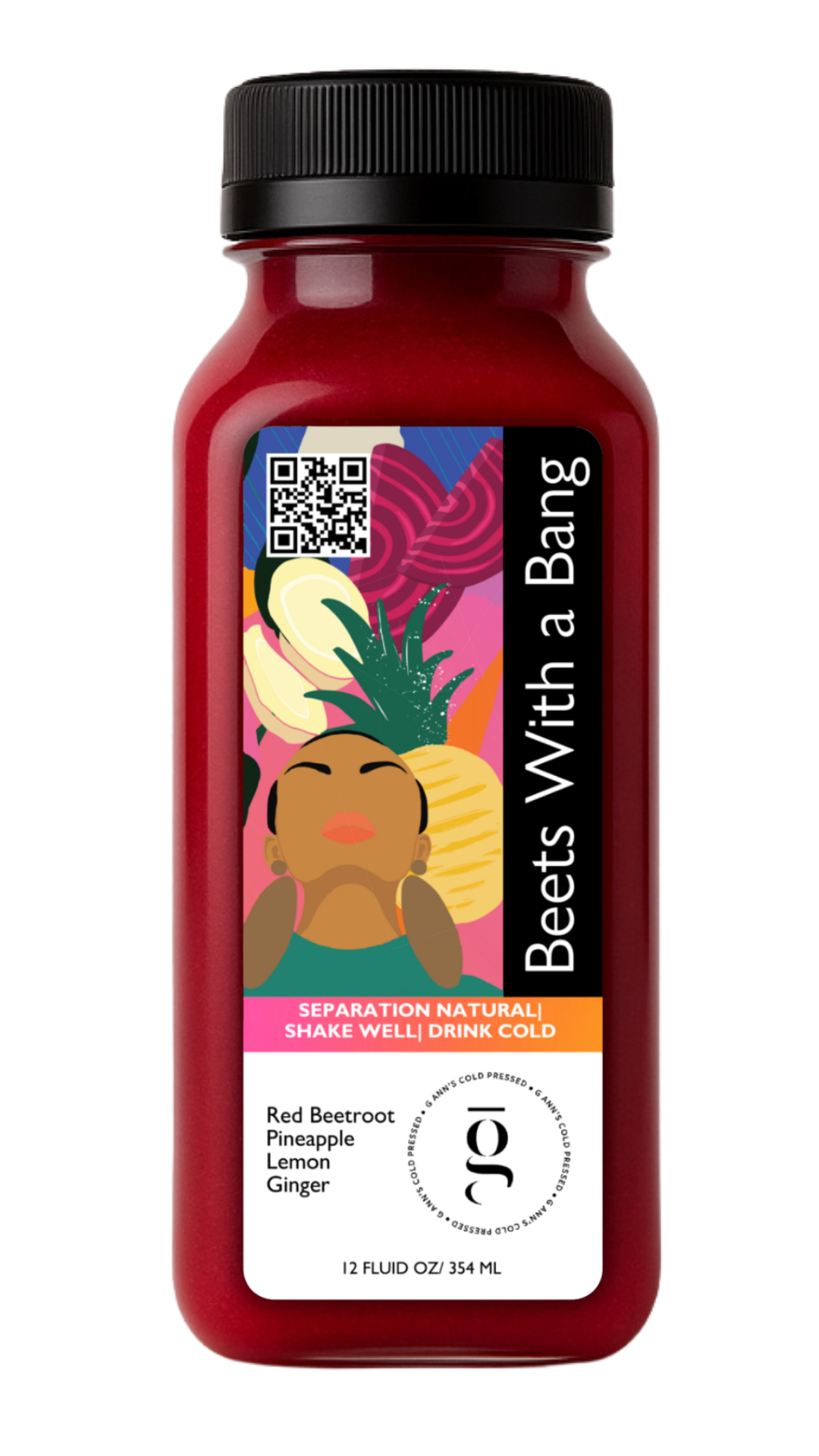12oz cold-pressed Beets With a Bang juice made with red beetroot, pineapple, lemon, and ginger
