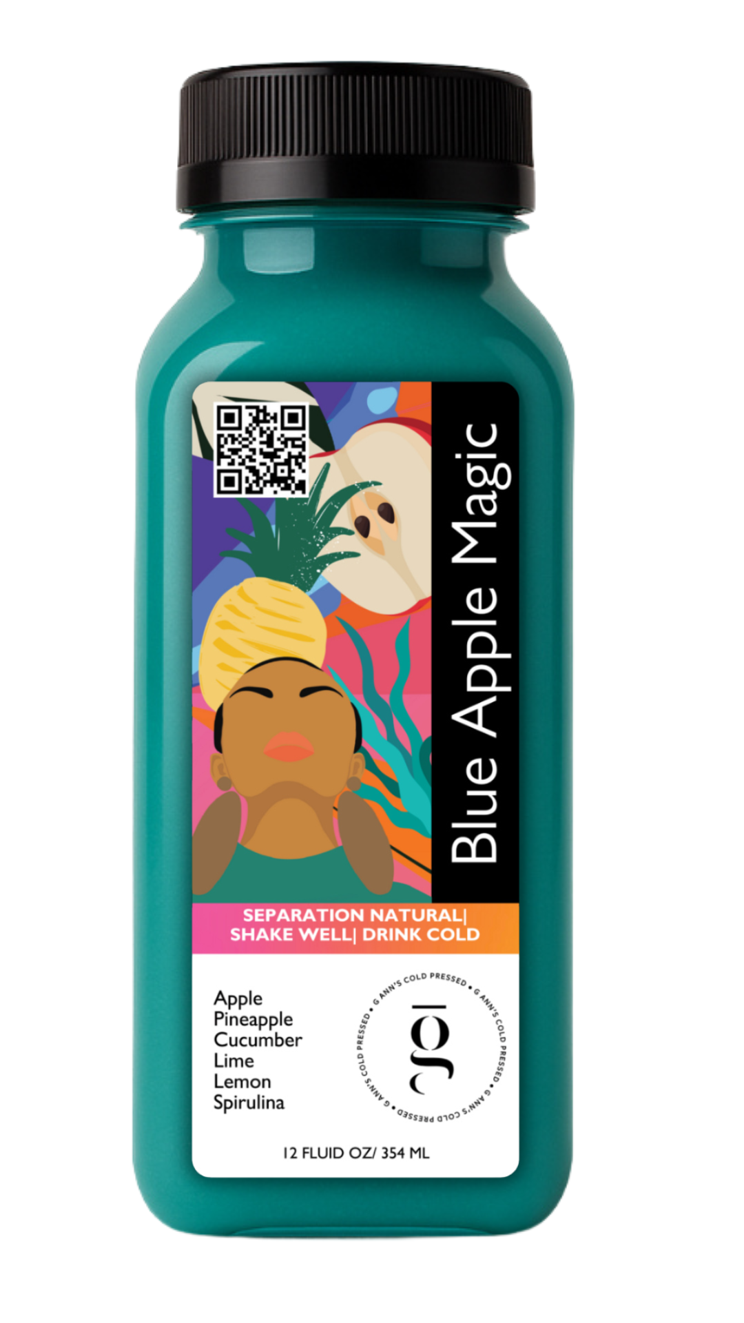 Blue Apple Magic cold-pressed juice with pineapple, cucumber, and blue spirulina for detox and gut support.