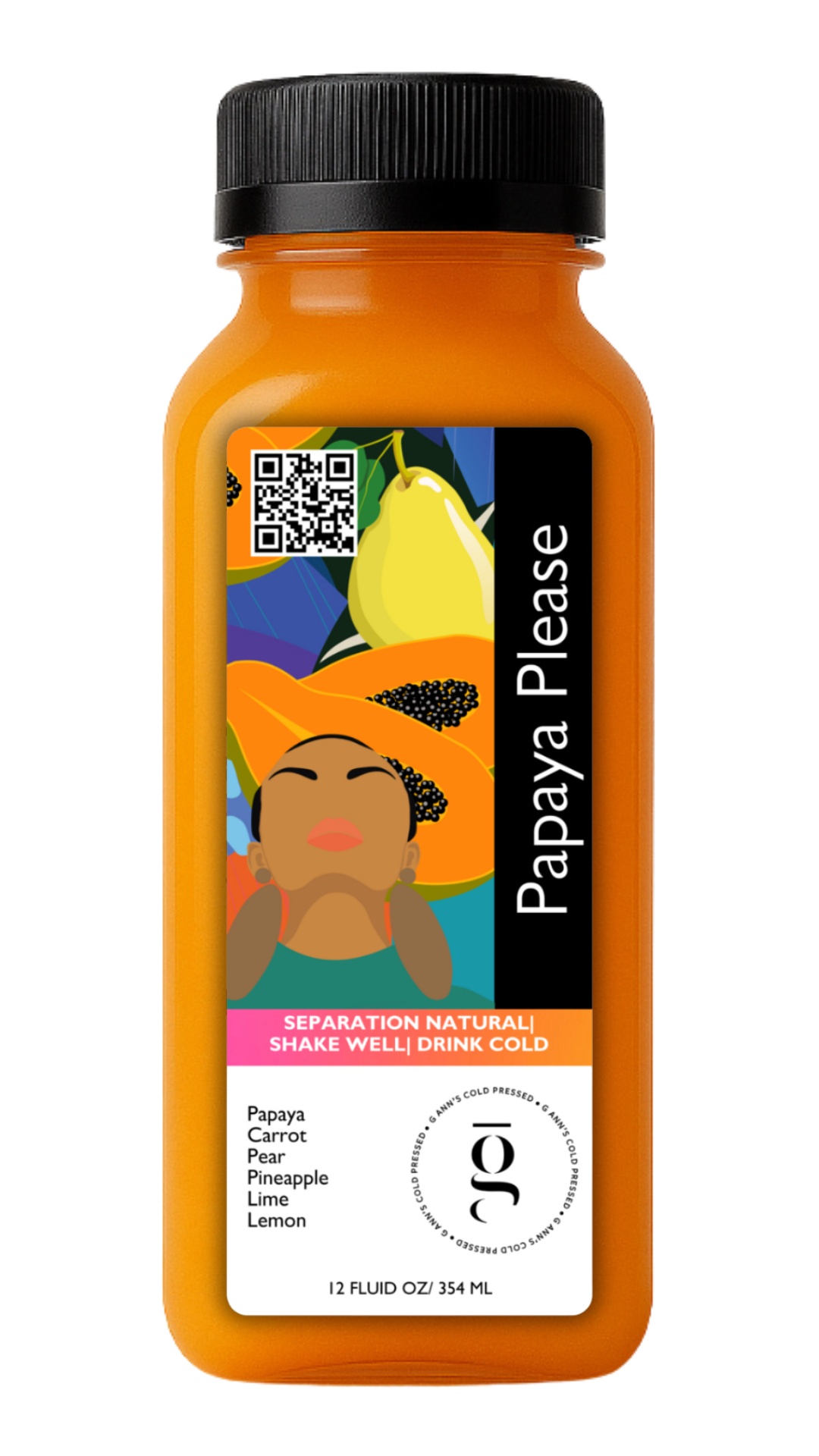 12oz cold-pressed Papaya Please juice made with papaya, carrot, pear, pineapple, lime, and lemon