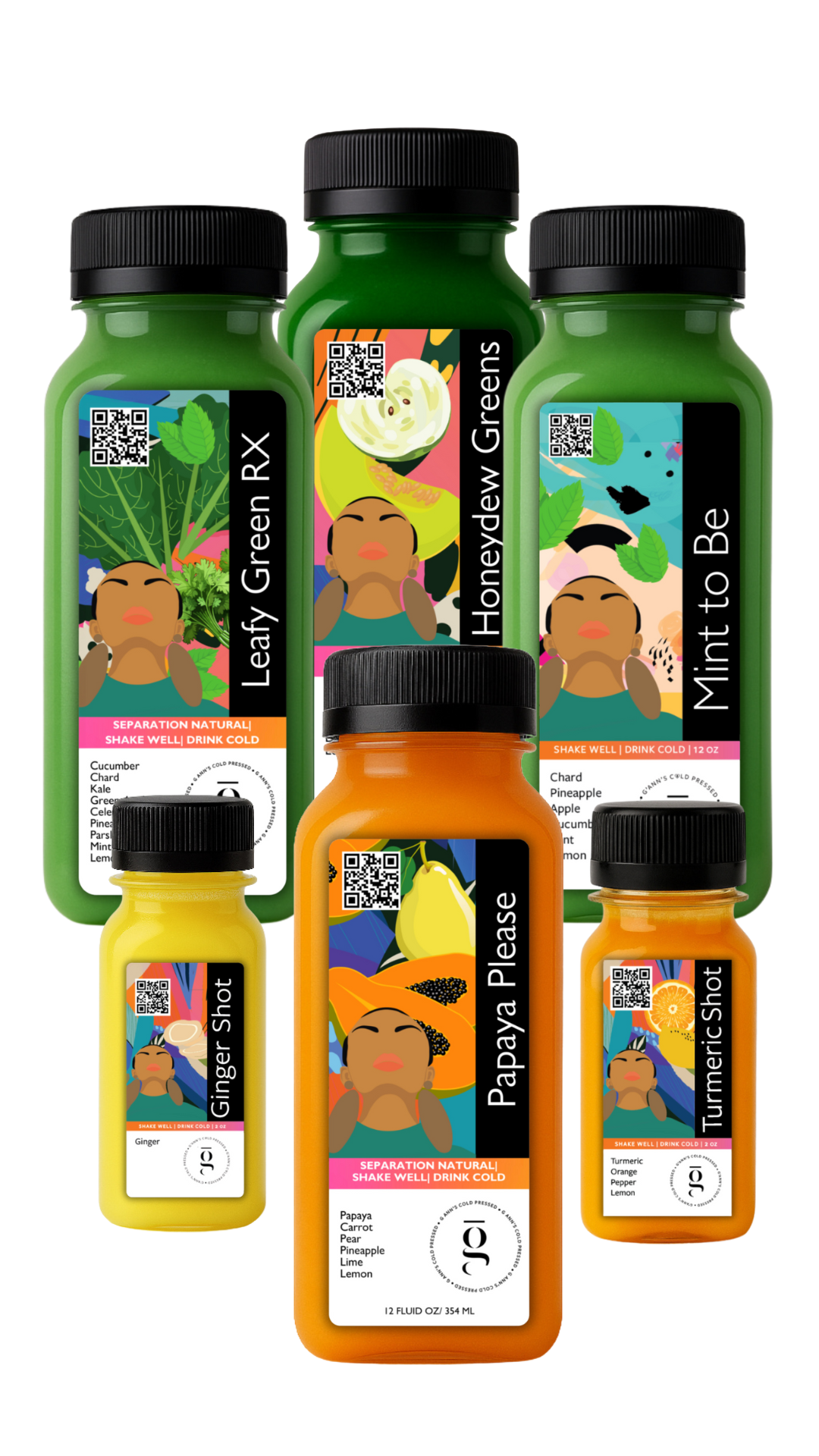 Digest + Flow cold-pressed juice bundle from G Ann’s featuring 4 gut-healthy juices and 2 functional shots for digestion and bloating relief