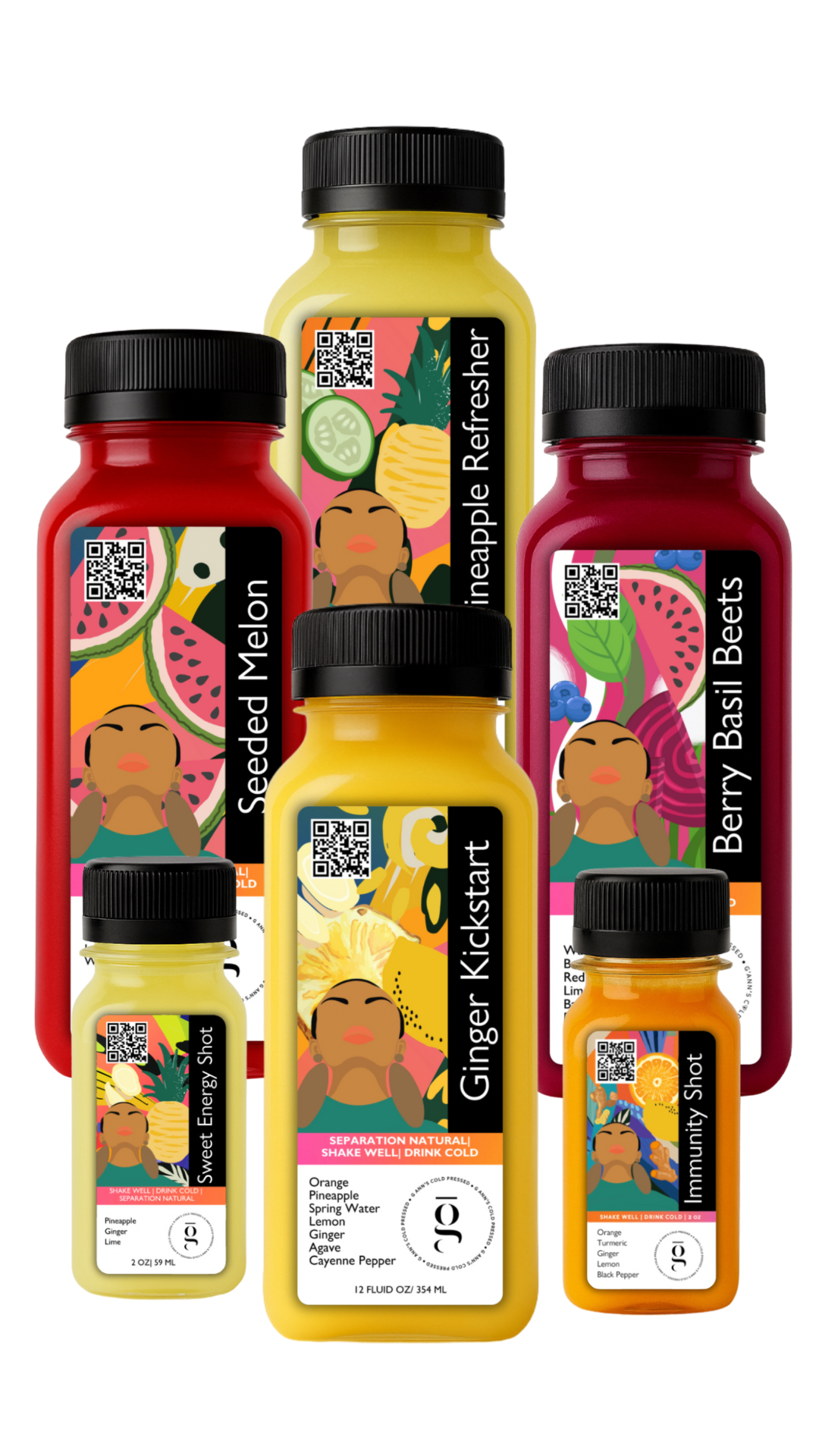 Juicy AF juice bundle from G Ann’s Cold Pressed featuring 4 hydrating juices and 2 functional shots made with watermelon, pineapple, and citrus