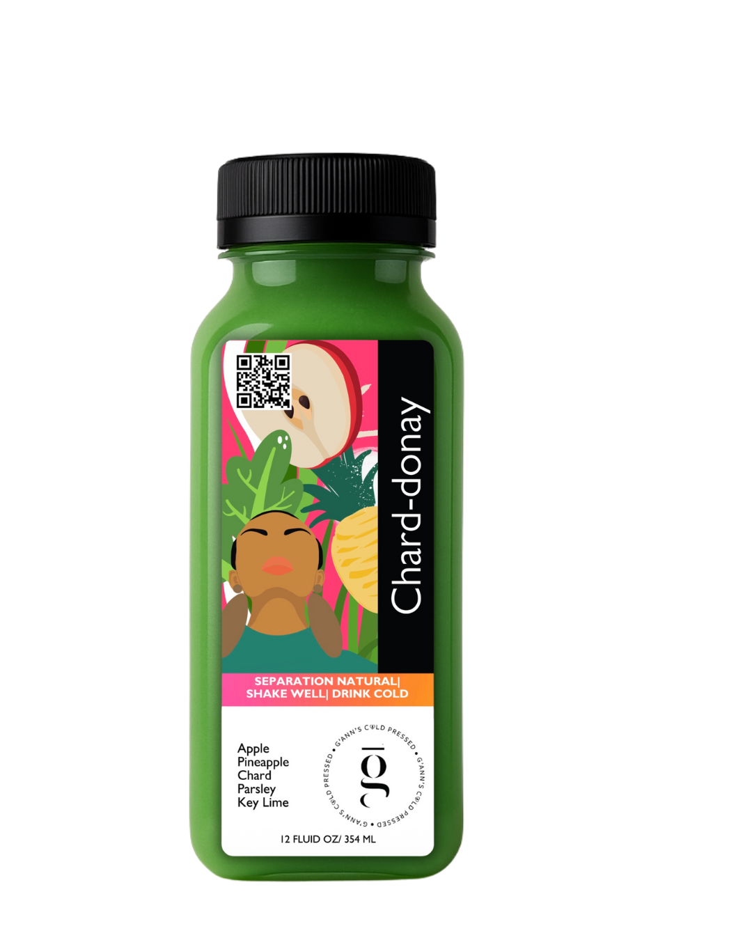 Chard-donay green cold pressed juice bottle with pineapple, apple, chard, parsley, and key lime