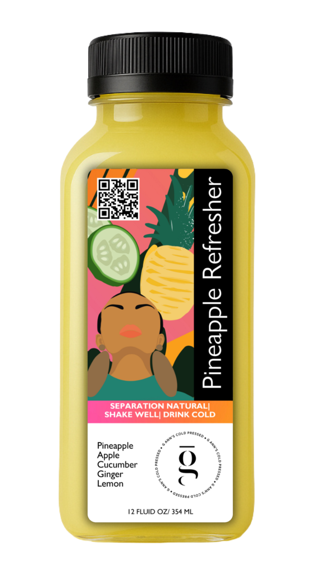 12oz cold-pressed Pineapple Refresher juice made with pineapple, cucumber, ginger, apple, and lemon for hydration and digestion support