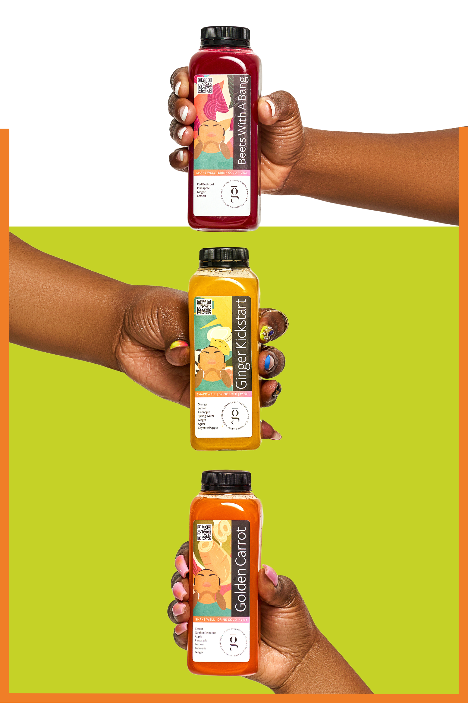 Three bottles of cold press juices being held in a vertical line by three people. 