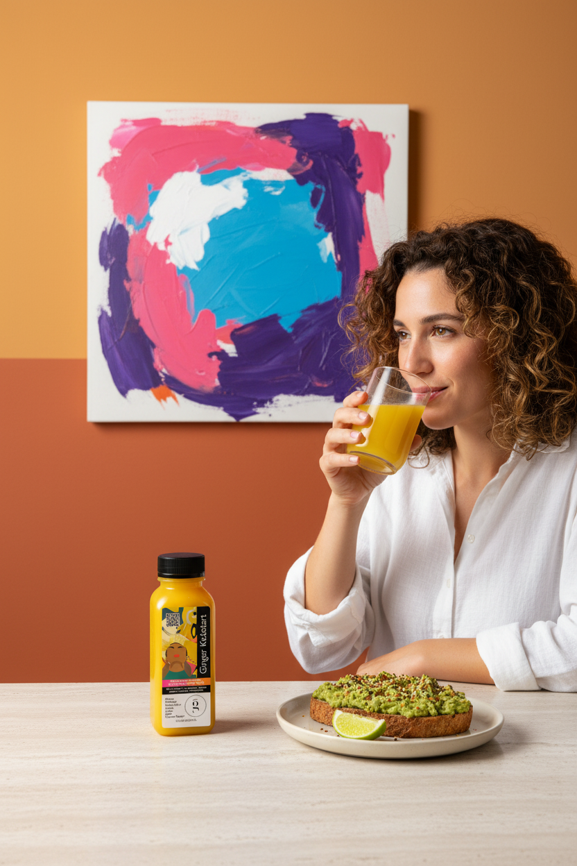 Ginger Kickstart raw cold pressed juice made with orange, pineapple, spring water, lemon, ginger, agave and cayenne pepper.