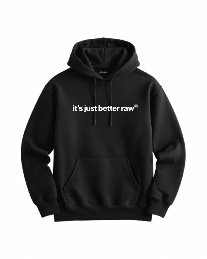 ”It’s Just Better Raw®️ black hoodie with embroidered logo by G Ann’s Cold Pressed”